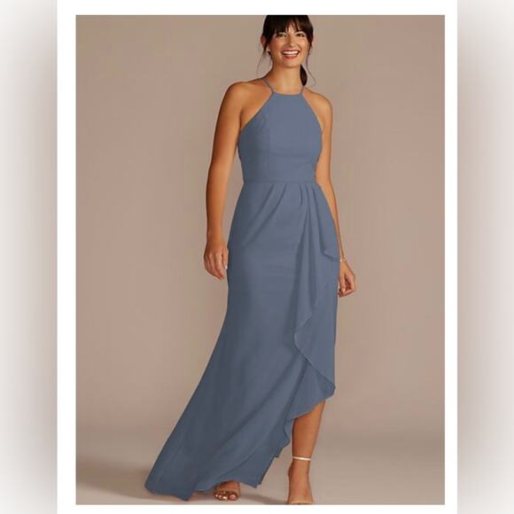 David’s Bridal High neck chiffon bridesmaid dress maxi steel blue 2 new - Picture 1 of 11